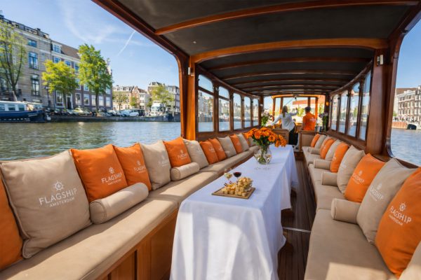 Luxury Saloon Boat Cruise with Optional Cheese & Wine in Amsterdam